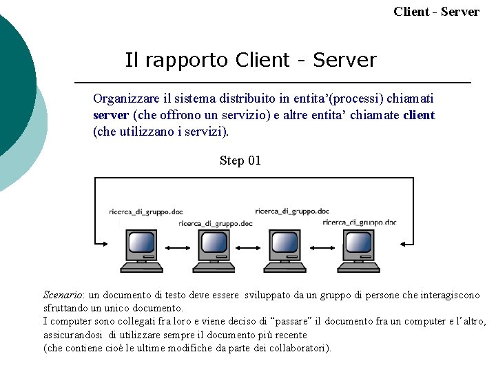 Client - Server Il rapporto Client - Server Organizzare il sistema distribuito in entita’(processi)