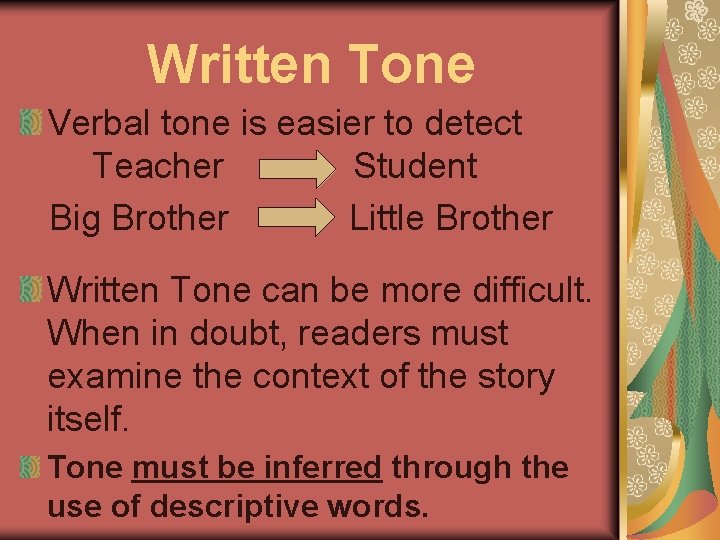 Written Tone Verbal tone is easier to detect Teacher Student Big Brother Little Brother Written Tone Verbal tone is easier to detect Teacher Student Big Brother Little Brother