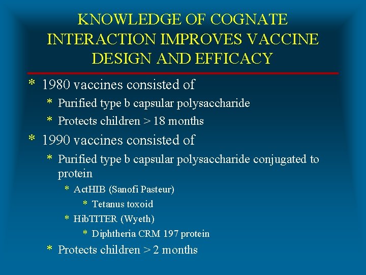 KNOWLEDGE OF COGNATE INTERACTION IMPROVES VACCINE DESIGN AND EFFICACY * 1980 vaccines consisted of