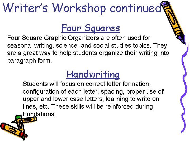 Writer’s Workshop continued Four Squares Four Square Graphic Organizers are often used for seasonal