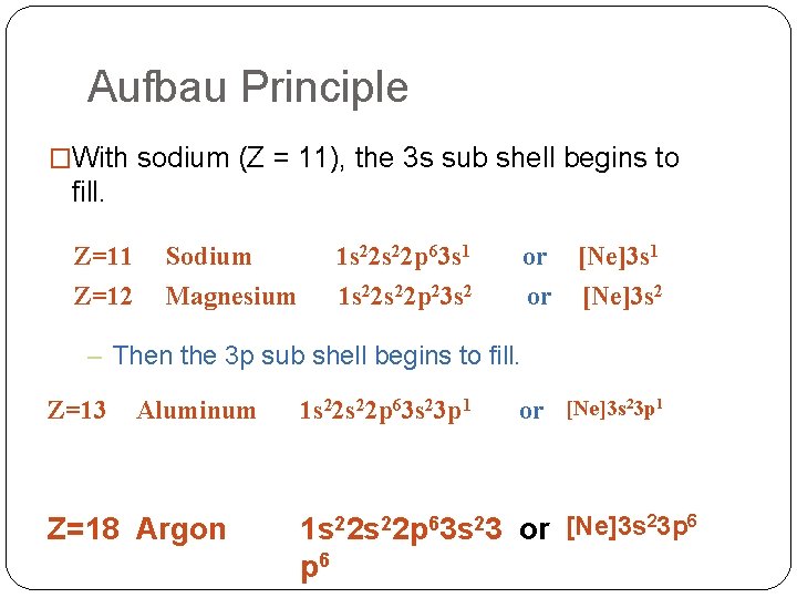 Aufbau Principle �With sodium (Z = 11), the 3 s sub shell begins to