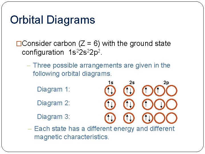 Orbital Diagrams �Consider carbon (Z = 6) with the ground state configuration 1 s