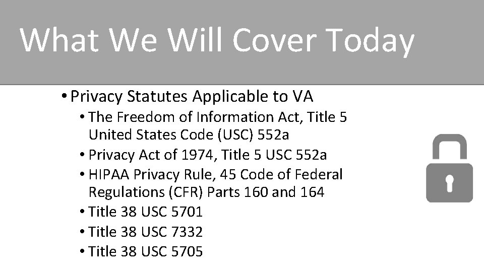 What We Will Cover Today • Privacy Statutes Applicable to VA • The Freedom