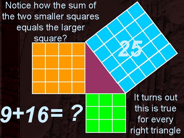 Notice how the sum of the two smaller squares equals the larger square? 9+16