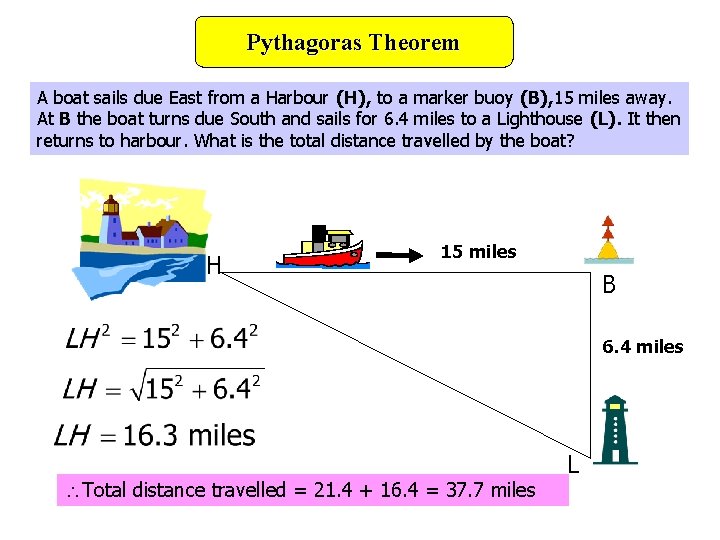 Pythagoras Theorem A boat sails due East from a Harbour (H), to a marker