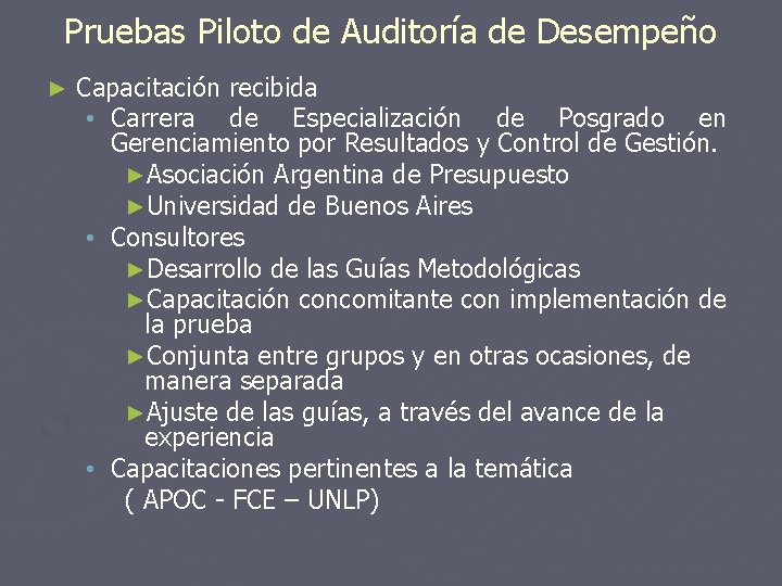 Pruebas Piloto de Auditoría de Desempeño ► Capacitación recibida • Carrera de Especialización de