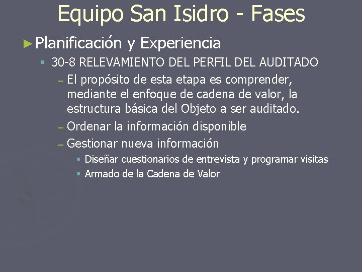 Equipo San Isidro - Fases ► Planificación y Experiencia § 30 -8 RELEVAMIENTO DEL