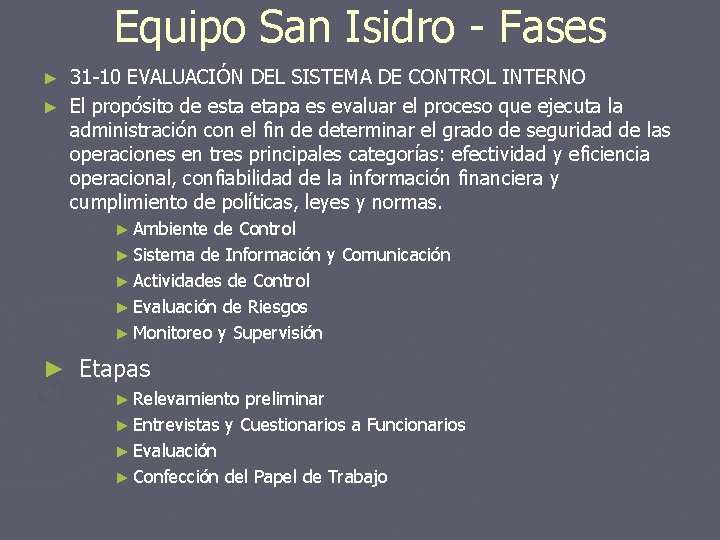 Equipo San Isidro - Fases 31 -10 EVALUACIÓN DEL SISTEMA DE CONTROL INTERNO ►