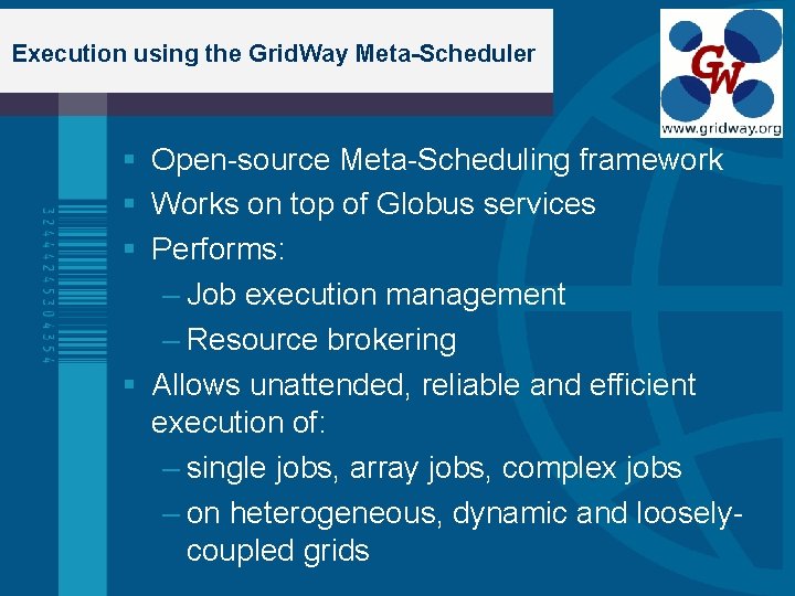 Execution using the Grid. Way Meta-Scheduler Open-source Meta-Scheduling framework Works on top of Globus