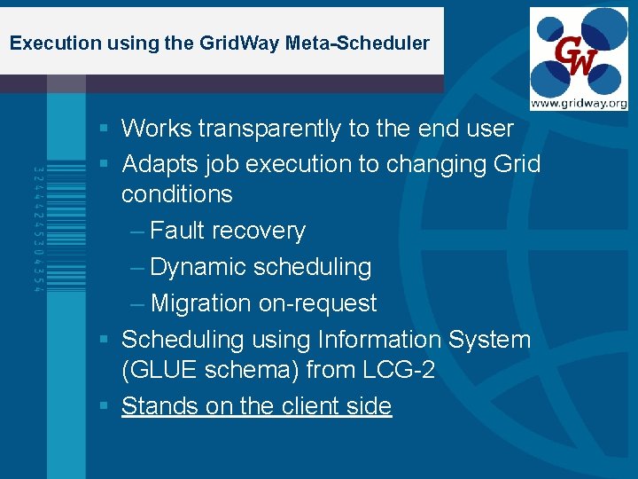 Execution using the Grid. Way Meta-Scheduler Works transparently to the end user Adapts job