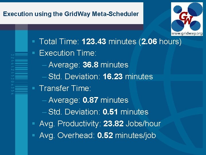 Execution using the Grid. Way Meta-Scheduler Total Time: 123. 43 minutes (2. 06 hours)