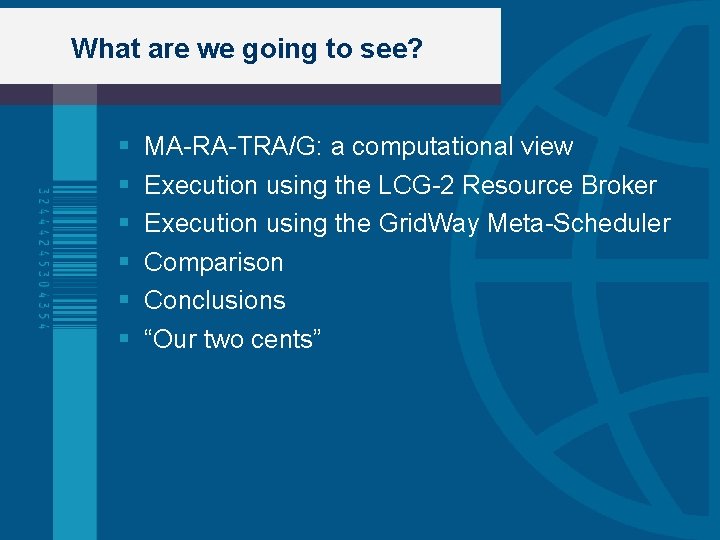 What are we going to see? MA-RA-TRA/G: a computational view Execution using the LCG-2