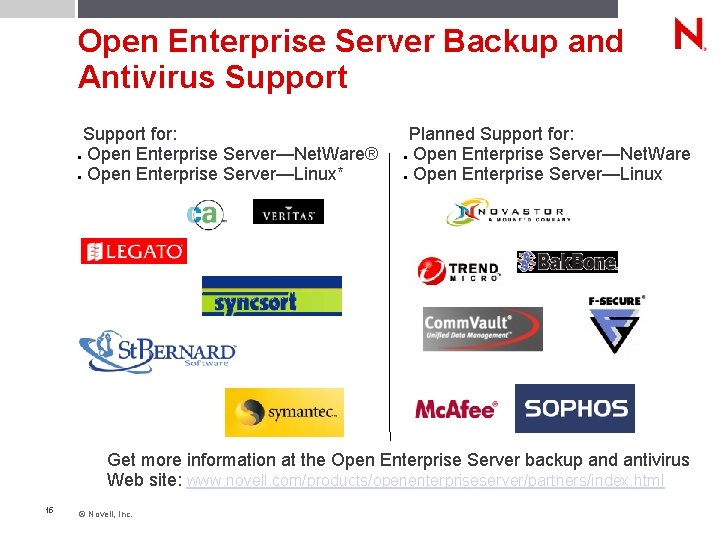Open Enterprise Server Backup and Antivirus Support for: Open Enterprise Server—Net. Ware® Open Enterprise