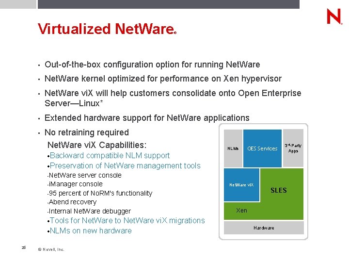 Virtualized Net. Ware ® • Out-of-the-box configuration option for running Net. Ware • Net.