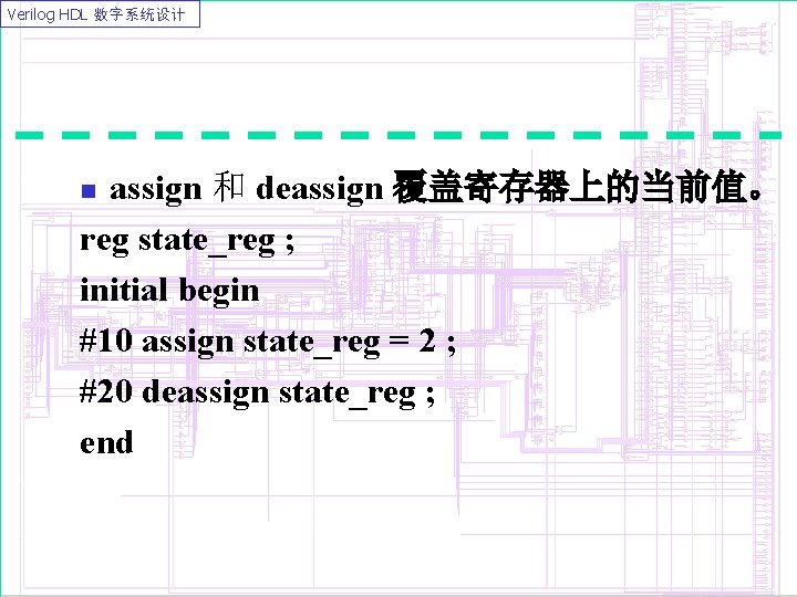 Verilog HDL 数字系统设计 assign 和 deassign 覆盖寄存器上的当前值。 reg state_reg ; initial begin #10 assign