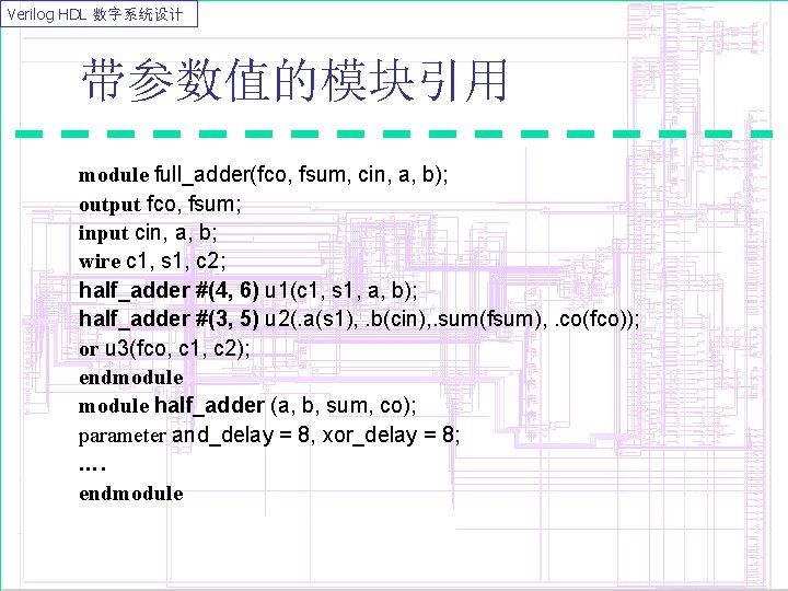 Verilog HDL 数字系统设计 带参数值的模块引用 module full_adder(fco, fsum, cin, a, b); output fco, fsum; input