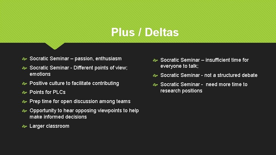 Plus / Deltas Socratic Seminar – passion, enthusiasm Socratic Seminar - Different points of