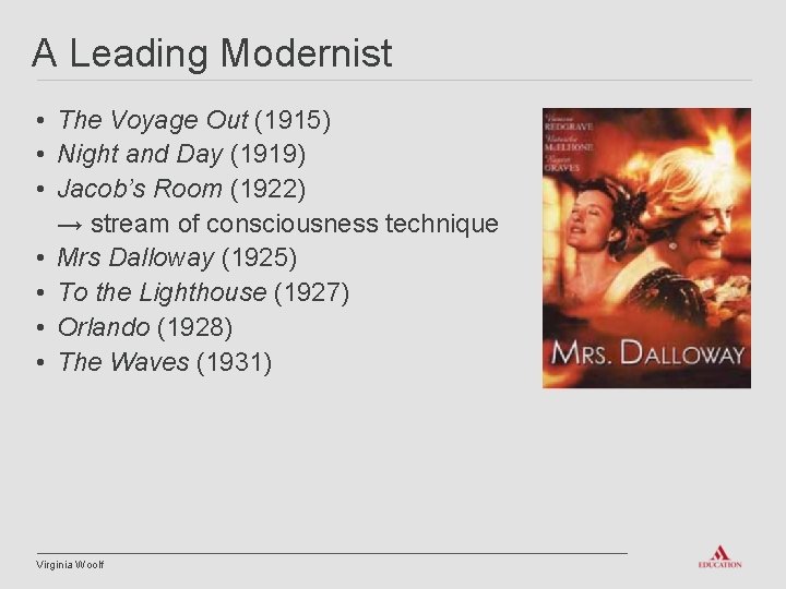 A Leading Modernist • The Voyage Out (1915) • Night and Day (1919) •