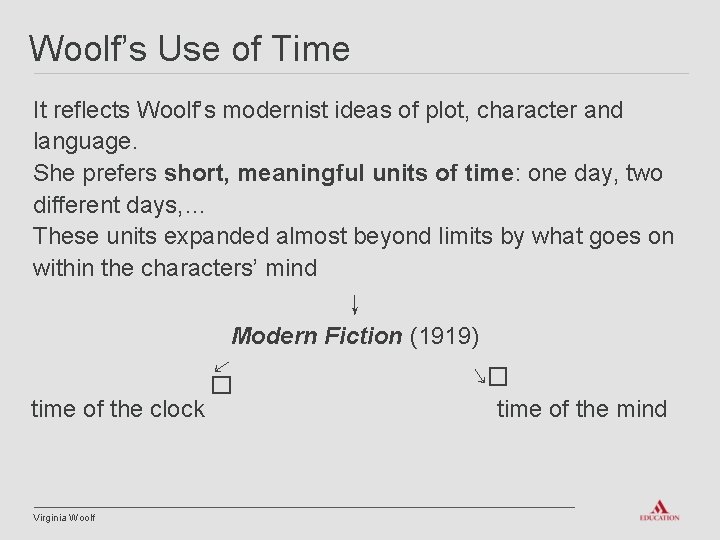 Woolf’s Use of Time It reflects Woolf’s modernist ideas of plot, character and language.