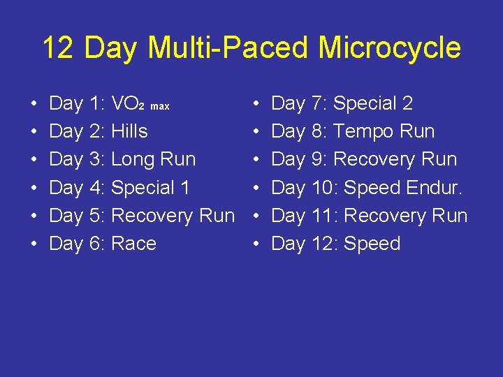 12 Day Multi-Paced Microcycle • • • Day 1: VO 2 max Day 2: