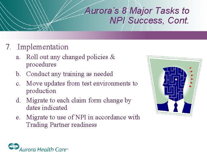 Aurora’s 8 Major Tasks to NPI Success, Cont. 7. Implementation a. Roll out any