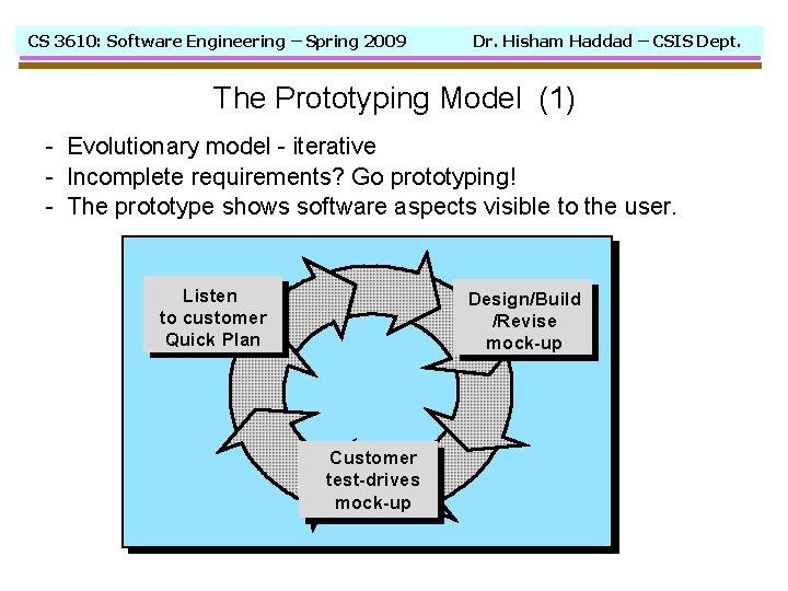 CS 3610: Software Engineering – Spring 2009 Dr. Hisham Haddad – CSIS Dept. The