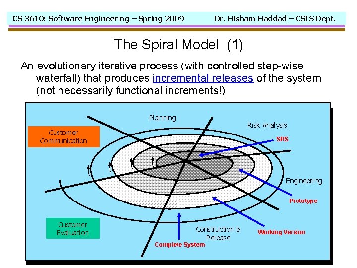 CS 3610: Software Engineering – Spring 2009 Dr. Hisham Haddad – CSIS Dept. The