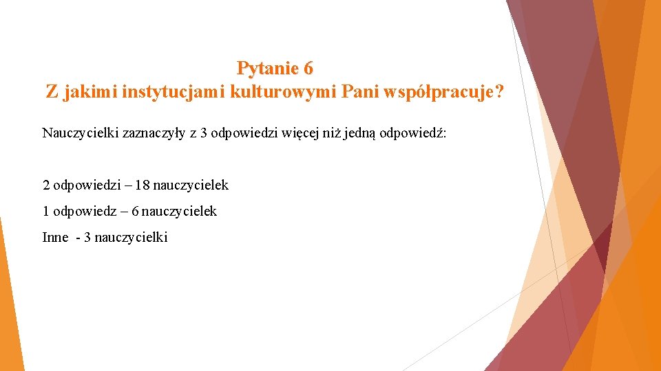 Pytanie 6 Z jakimi instytucjami kulturowymi Pani współpracuje? Nauczycielki zaznaczyły z 3 odpowiedzi więcej