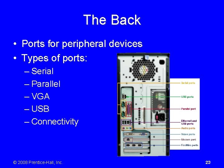 The Back • Ports for peripheral devices • Types of ports: – Serial –