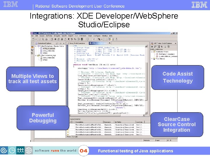 Integrations: XDE Developer/Web. Sphere Studio/Eclipse Multiple Views to track all test assets Powerful Debugging