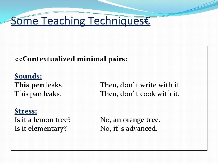 Some Teaching Techniques€ <<Contextualized minimal pairs: Sounds: This pen leaks. This pan leaks. Then,