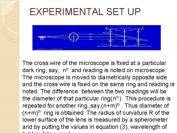 EXPERIMENTAL SET UP The cross wire of the microscope is fixed at a particular