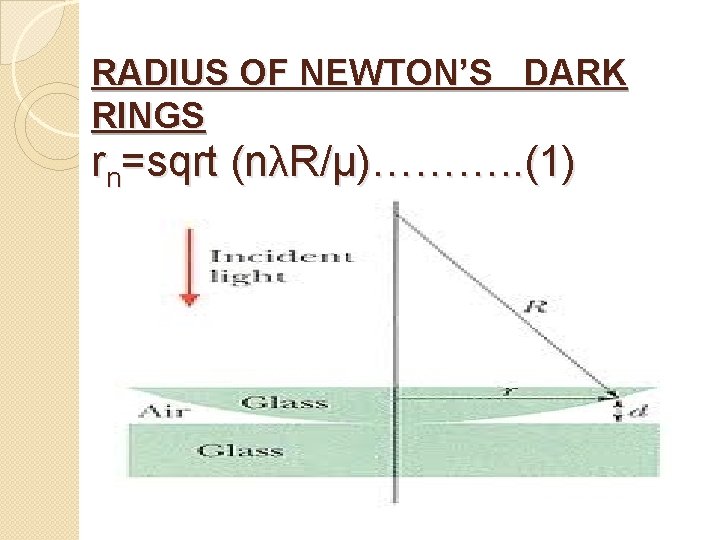 RADIUS OF NEWTON’S DARK RINGS rn=sqrt (nλR/µ)………. . (1) 