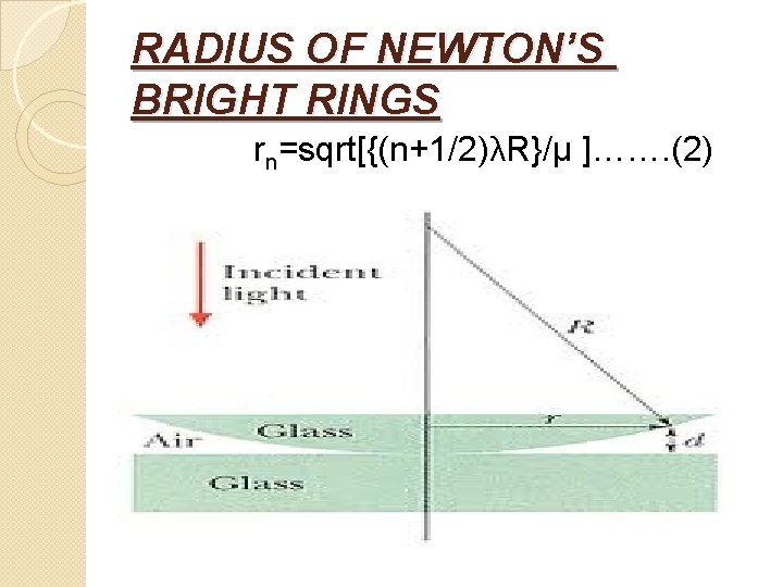 RADIUS OF NEWTON’S BRIGHT RINGS rn=sqrt[{(n+1/2)λR}/µ ]……. (2) 