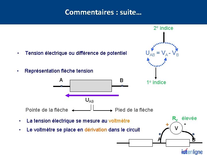 Commentaires : suite… 2 e indice • Tension électrique ou différence de potentiel •