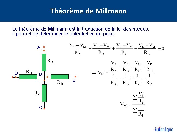 Théorème de Millmann Le théorème de Millmann est la traduction de la loi des
