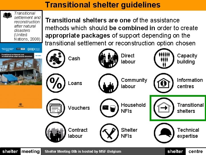 Transitional shelter guidelines Transitional settlement and reconstruction after natural disasters (United Nations, 2008) Transitional
