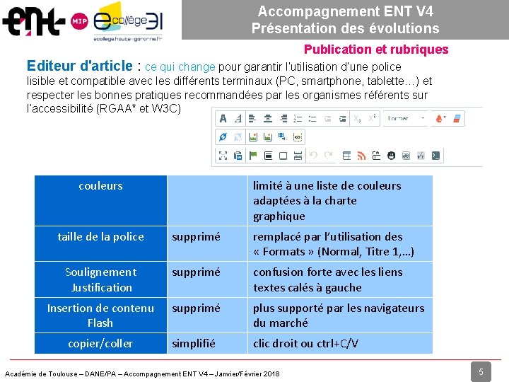 Accompagnement ENT V 4 Présentation des évolutions Publication et rubriques Editeur d'article : ce