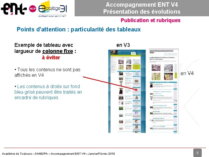 Accompagnement ENT V 4 Présentation des évolutions Publication et rubriques Points d’attention : particularité