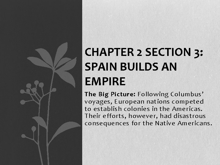 CHAPTER 2 SECTION 3: SPAIN BUILDS AN EMPIRE The Big Picture: Following Columbus’ voyages,