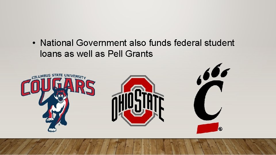 • National Government also funds federal student loans as well as Pell Grants • National Government also funds federal student loans as well as Pell Grants