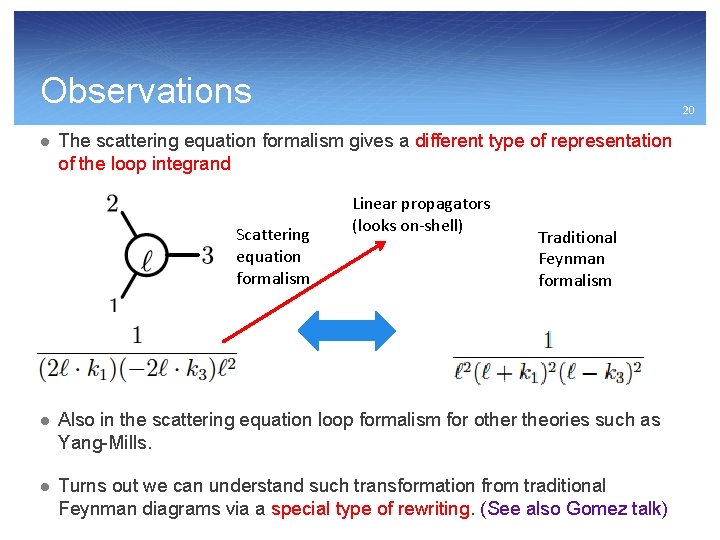 Observations l 20 The scattering equation formalism gives a different type of representation of