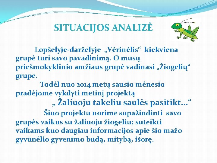 SITUACIJOS ANALIZĖ Lopšelyje-darželyje „Vėrinėlis“ kiekviena grupė turi savo pavadinimą. O mūsų priešmokyklinio amžiaus grupė