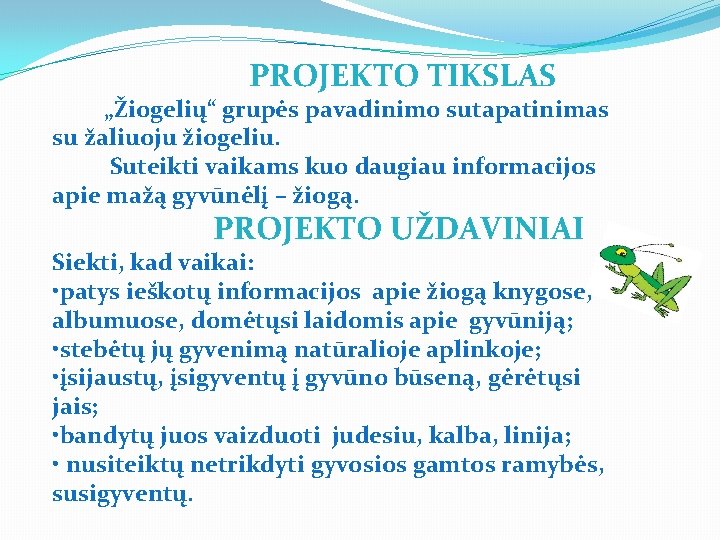 PROJEKTO TIKSLAS „Žiogelių“ grupės pavadinimo sutapatinimas su žaliuoju žiogeliu. Suteikti vaikams kuo daugiau informacijos