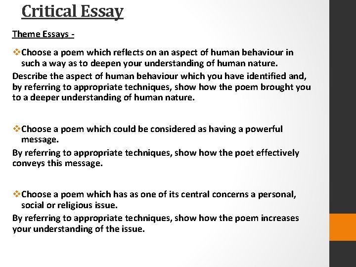 Critical Essay Theme Essays - v. Choose a poem which reflects on an aspect