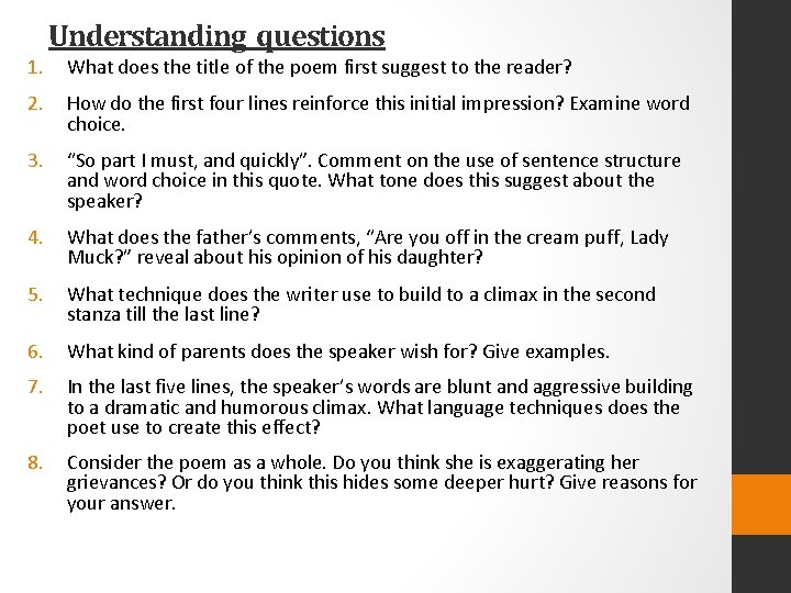Understanding questions 1. What does the title of the poem first suggest to the
