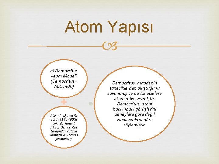 Atom Yapısı a) Democritus Atom Modeli (Democritus– M. Ö. 400) Atom hakkında ilk görüş