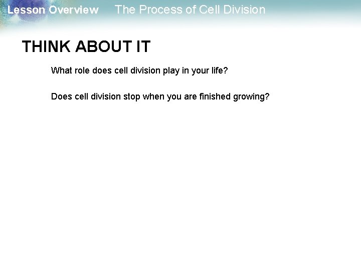 Lesson Overview The Process of Cell Division THINK ABOUT IT What role does cell