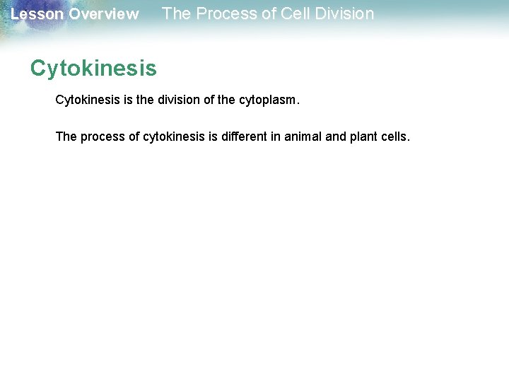 Lesson Overview The Process of Cell Division Cytokinesis is the division of the cytoplasm.