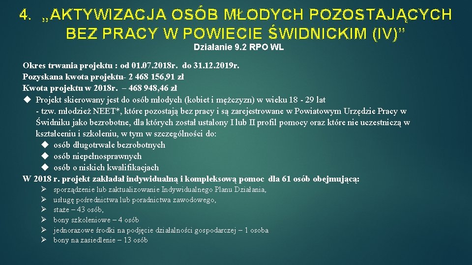 4. „AKTYWIZACJA OSÓB MŁODYCH POZOSTAJĄCYCH BEZ PRACY W POWIECIE ŚWIDNICKIM (IV)” Działanie 9. 2